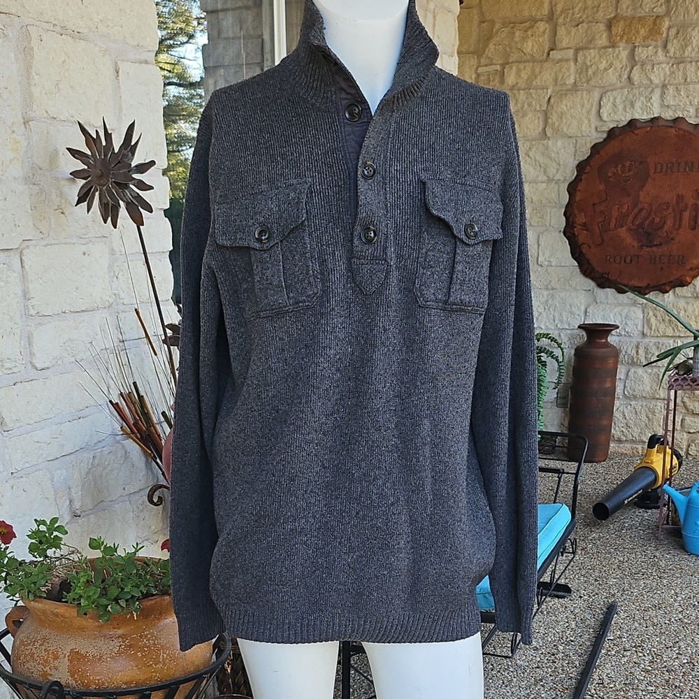 Men's THE GAP Grey Knit Pullover Sweater Mock Neck Buttons Size XLT